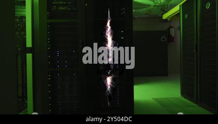 Abstract geometric shape image over server room with green lighting Stock Photo