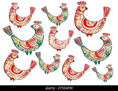 A set of decorative birds of different sizes. Isolated on white background. Social birds are filled with ornaments of different colors. Red, green, yellow and black outline. Folk style. Stock Photo