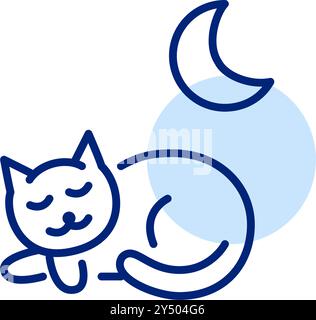 Sleeping cat and moon. Quiet mode, night relaxation and pet comfort. Pixel perfect, editable stroke vector icon Stock Vector