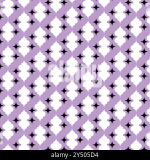 Repeating pattern, purple and white background, black fourpointed stars. Suitable for backgrounds, prints, textiles, and graphic designs. Stock Vector