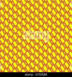 Red lines create hexagonal pattern on yellow. Suitable for backgrounds, abstract designs, geometric concepts, tech visuals, website banners. Stock Vector