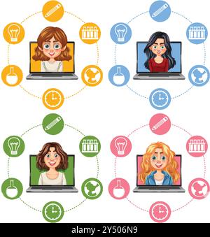 Four women collaborating online with various icons Stock Vector