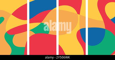 Four colorful abstract panels for backgrounds, presentations, or branding materials with red, yellow, blue, and green shapes. Suitable for graphic des Stock Vector