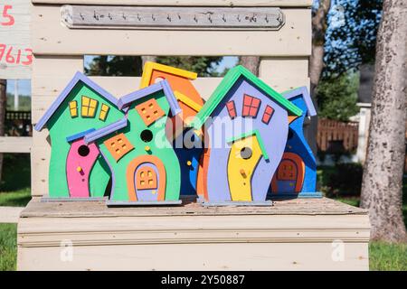 Colorful bird houses for sale on Conception Bay highway in Colliers, Newfoundland & Labrador, Canada Stock Photo