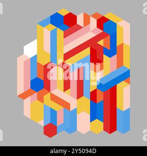 Hexagon shaped pattern with various colors in a isometric design, perfect for backgrounds, textiles, packaging, and digital art projects. Stock Vector