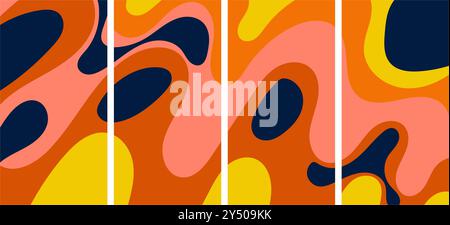 Four colorful abstract panels in orange, pink, yellow, and blue. Perfect for graphic design, backgrounds, print materials, and web design projects. Stock Vector