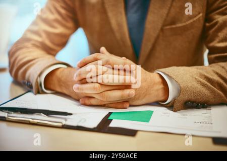Hands, invoice and research with notes, documents and entrepreneur for connection at digital agency as art director. Creative person, pen and papers Stock Photo
