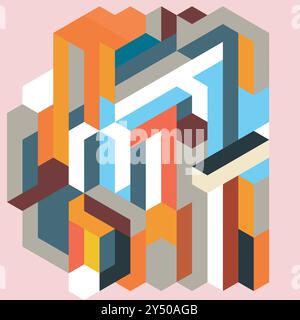 Isometric shapes on a pink background with orange, blue, gray, brown, and white colors. Suitable for modern design projects. Stock Vector