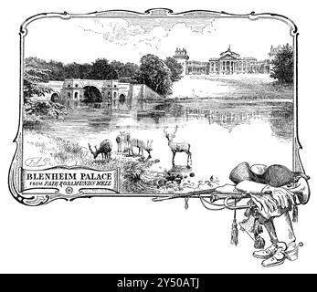 1891 illustration with frame of the Grand Bridge and the south facade of Blenheim Palace in Blenheim Park, Woodstock, Oxfordshire. Stock Photo