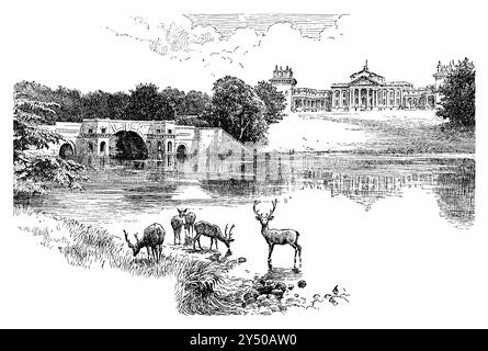 1891 illustration of the Grand Bridge and the south facade of Blenheim Palace in Blenheim Park, Woodstock, Oxfordshire. Stock Photo