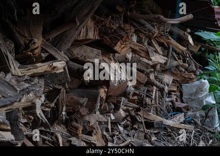 pile of used wood in the warehouse Stock Photo