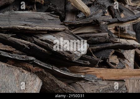 pile of used wood in the warehouse Stock Photo