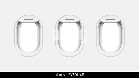 Airplane windows, view from inside cabin with white sidewall Stock Photo
