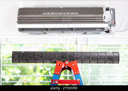 Close up dirty on air conditioner blower fan. Maintaining the air conditioner concept. Stock Photo