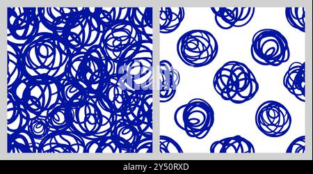 Bold Doodle Lines pattern set. Abstract Squiggle Wavy print. Naive playful squiggle background. Childish drawing in Blue Pen color. Stock Vector
