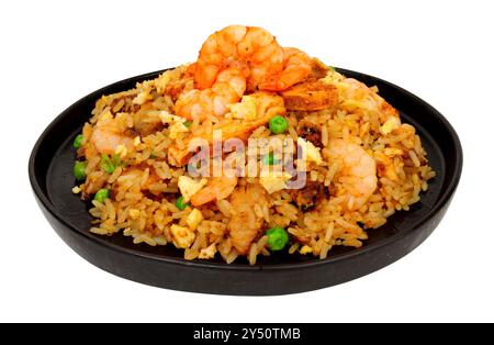 Chinese special egg fried rice meal with prawns and Char Sui pork meat Stock Photo