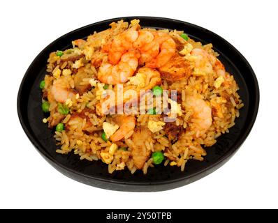 Chinese special egg fried rice meal with prawns and Char Sui pork meat Stock Photo