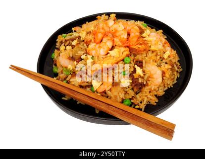 Chinese special egg fried rice meal with prawns and Char Sui pork meat Stock Photo