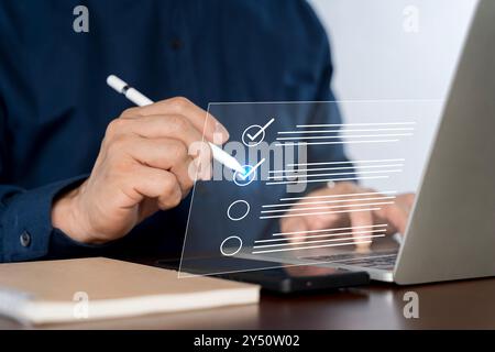 Questionnaire with checkboxes, filling survey form online, answer questions of test. Survey form concept. Education futuristic technology and learning Stock Photo