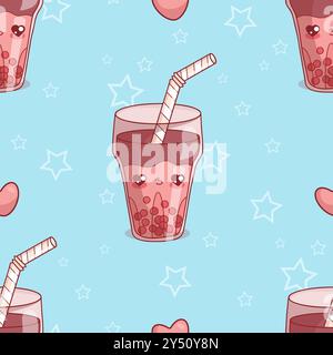 Seamless pattern with cute kawaii cartoon character glass of Bubble Tea with straw on blue background. Vector illustration Stock Vector