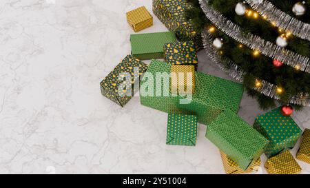 Christmas tree with many gift boxes lying on a marble floor with copy space, holidays concept. 3d rendering Stock Photo