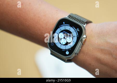 A customer wears the Apple Watch Ultra 2 at the Apple Store