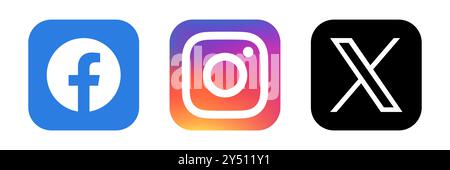 Social media app icon set. Facebook, Instagram and X, former Twitter. Square with rounded corners shape vector illustration. Stock Vector