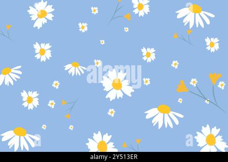 Seamless patterns with daisy flower, meadow and hand drawn flowers on blue backgrounds vector illustration Stock Vector