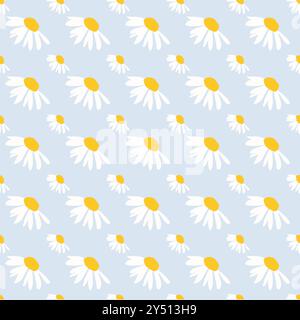 daisy flowers seamless pattern, textiles, meadow and hand drawn daisy flower on blue backgrounds vector illustration Stock Vector
