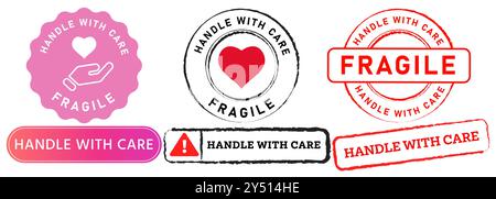 Handle with care be careful fragile caution stamp colorful badges sticker label sign packaging design set collection illustration Stock Vector