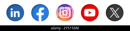 Social media app icon set. LinkedIn, Facebook, Instagram, Youtube and X, former Twitter. Circle button with inner dropped shadow vector icons. Stock Vector