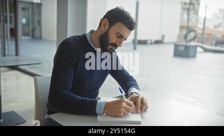 A mature bearded man in a sweater writes intently at a desk inside a bright modern office Stock Photo