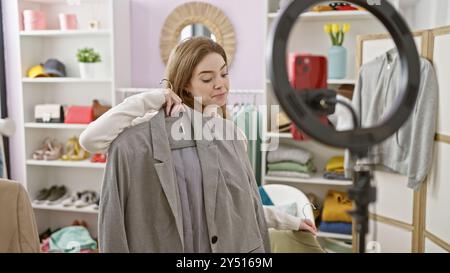 Young woman tries on a grey blazer in a fashionable wardrobe room, reflected in the ring light mirror. Stock Photo