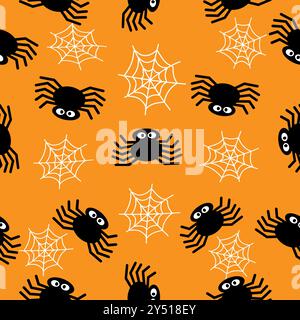 Seamless pattern with spiders and webs on an orange background. Vector illustration Stock Vector