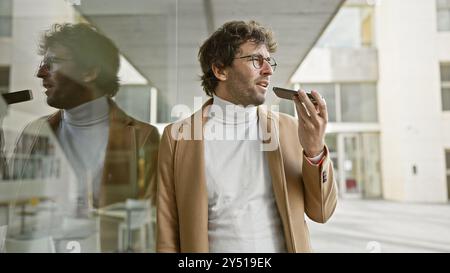 A stylish young man with a beard sends a voice message on his smartphone in a modern urban setting. Stock Photo