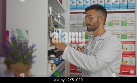 Young hispanic man in a pharmacy wearing glasses and a lab coat, organizing medicine bottles and boxes on a shelf in an indoor drugstore setting. Stock Photo