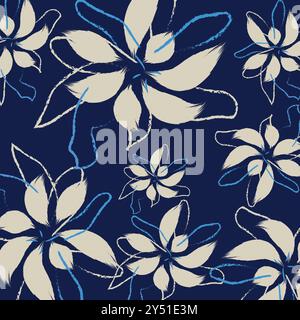 A hand drawing fashion textile vector. Floral textile tropical bicolor flower and leaves miniprint flowers geometric textile cloth. Seamless hand draw Stock Vector