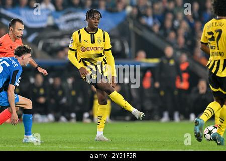 Brugge, Belgium. 18th Sep, 2024. Jamie Bynoe-Gittens (43) of Dortmund pictured during a soccer game between Belgian Club Brugge KV and German Borussia Dortmund in the UEFA Champions League League Phase day 1 of the 2024-25 season, on Friday 18 September 2024 in Brugge, Belgium . Credit: sportpix/Alamy Live News Stock Photo