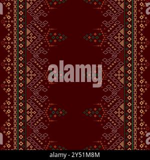 Traditional ethnic textiles seamless Pixel art patterns folk traditional black background. Brown Cross stitch Idian clothes pattern in colorful geomet Stock Vector
