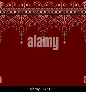 A Cross stitch Idian clothes pattern in colorful geometric traditional ethnic textiles seamless Pixel art patterns folk traditional brown pattern Stock Vector