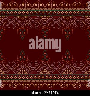 Brown Cross stitch Idian clothes pattern in colorful geometric traditional ethnic textiles seamless Pixel art patterns folk traditional black backgrou Stock Vector