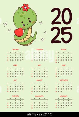 2025 annual calendar. Cute snake girl with heart. Funny kawaii character. New Year Vector vertical template 12 months in English. Week starts Sunday. Stock Vector