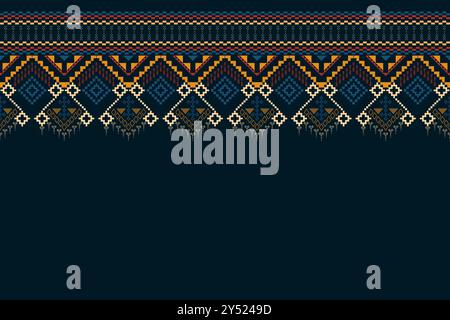 Traditional navy blue geometric ethnic pattern design in vector, illustration. Textile of Ikat seamless pattern border abstract design for fabric prin Stock Vector