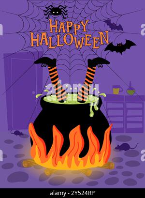 Funny Halloween greeting card or invitation with an illustration of a witch who has fallen into the cauldron of potion and we only see her legs Stock Vector