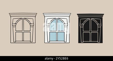 Set windows with decorative stone frames, showcasing classic architectural design in architecture. Outline, silhouette and color drawing. Vector illus Stock Vector