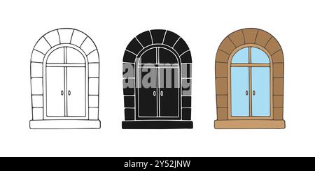 Venetian style doors set, vintage hand drawn doodle, antique door with stonework isolated on white background. Vector illustration Stock Vector