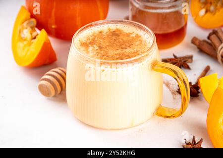 Sweet non caffeine pumpkin milk, dessert healthy drink, pumpkin latte alternative without coffee Stock Photo