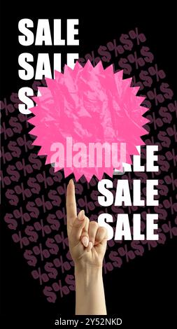 Vector illustration. Hand pointing towards pink sale sign, with dollar signs and word SALE repeated multiple times Stock Vector