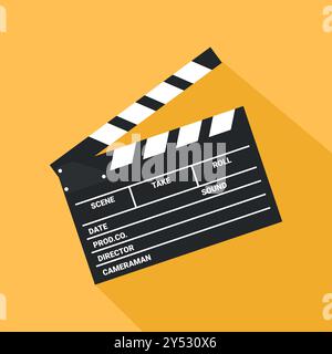 Clapper board, film slate icon on yellow background. Filmmaking equipment icon. Cinema symbol. Vector illustration Stock Vector