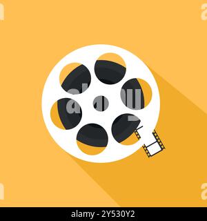 Film reel icon on yellow background. Filmmaking equipment icon. Cinema symbol. Vector illustration Stock Vector